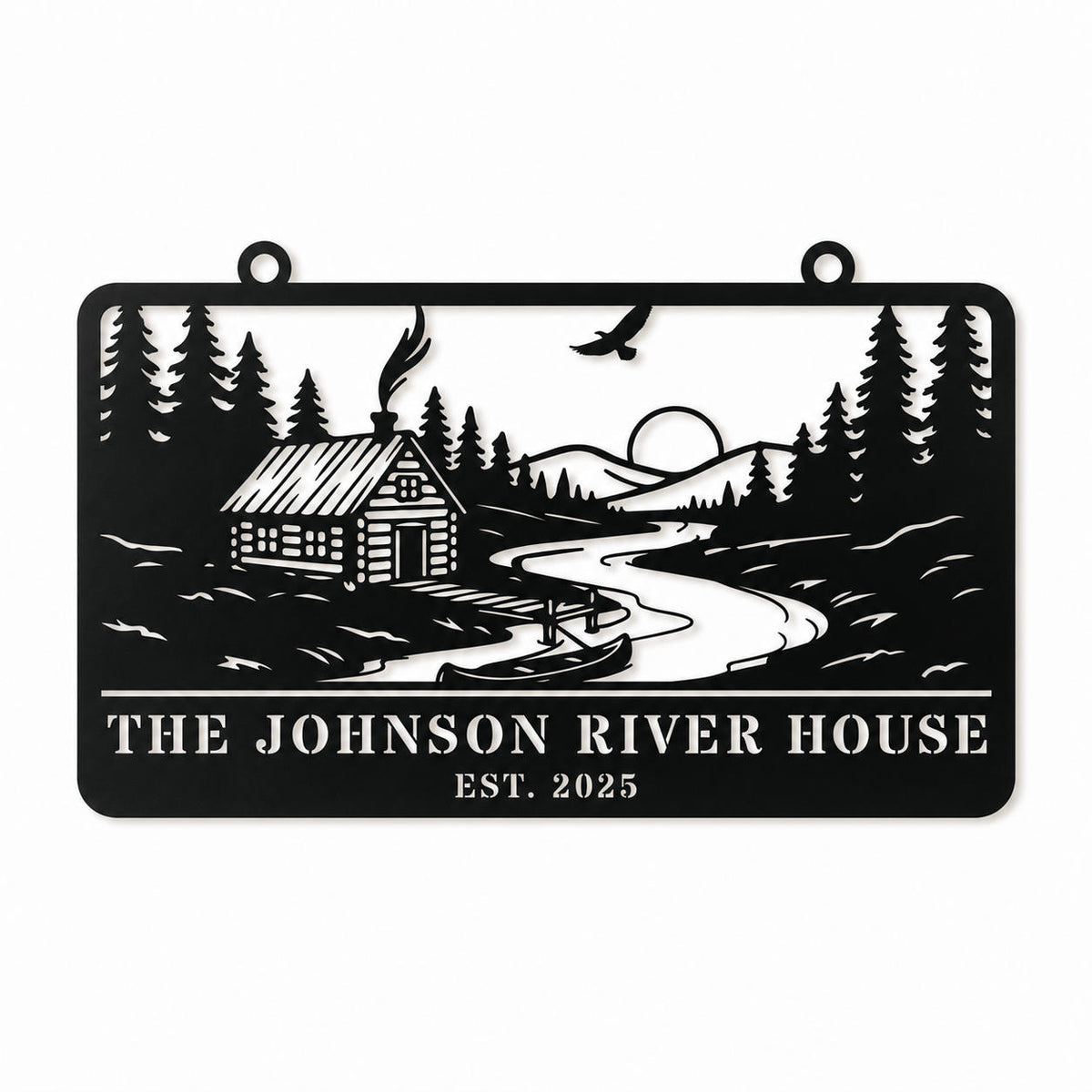 Custom river house metal sign with cabin, river, canoe and forest design on a clean white background.