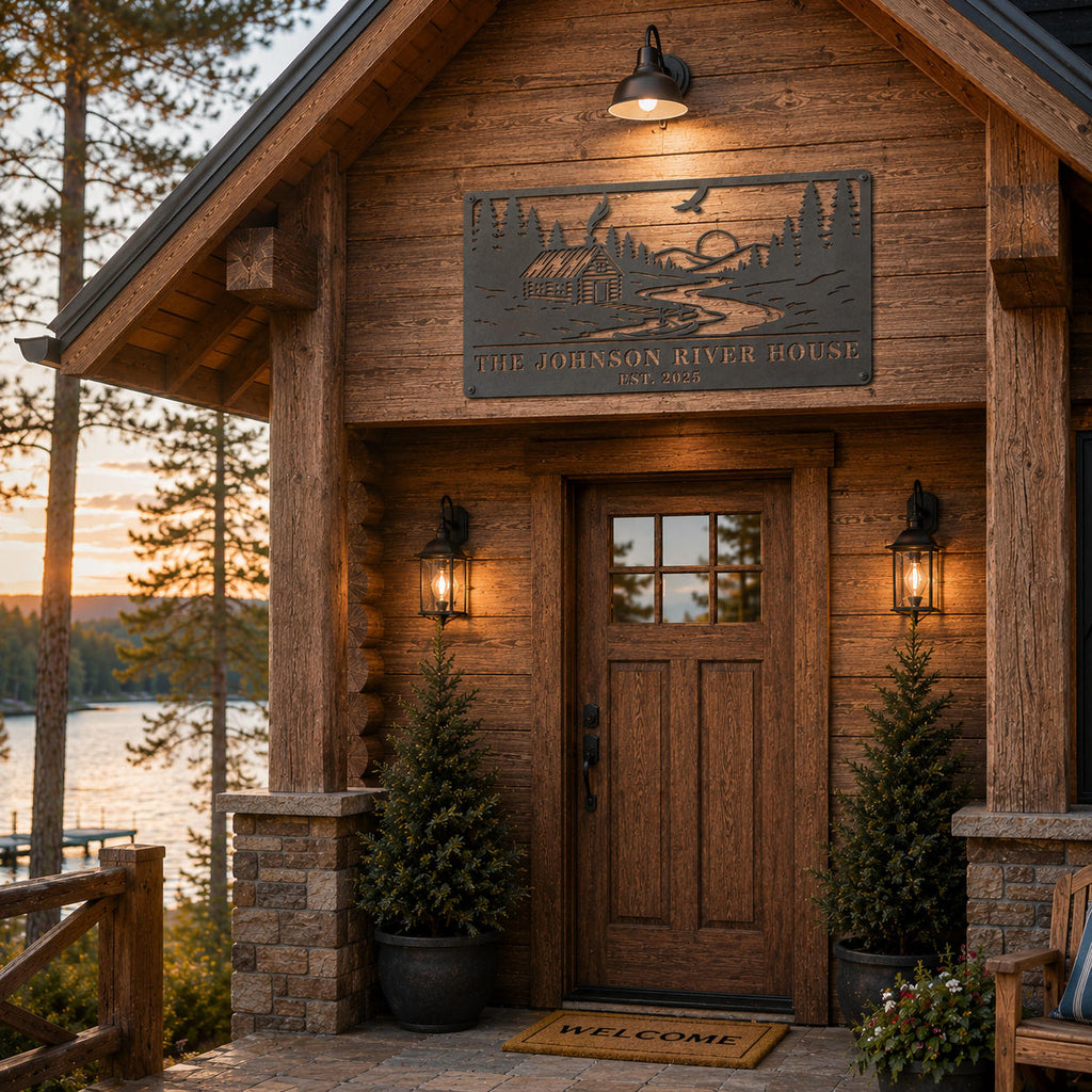 Personalized lake house metal sign displayed on a wooden patio wall overlooking a peaceful lake at sunset.
