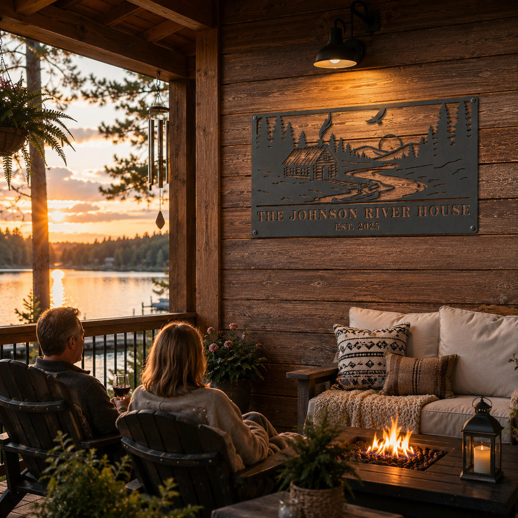 Personalized lake house metal sign displayed on a wooden patio wall overlooking a peaceful lake at sunset.