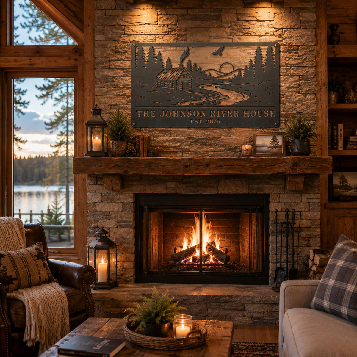 Personalized river house metal wall art displayed above a stone fireplace in a cozy cabin living room.