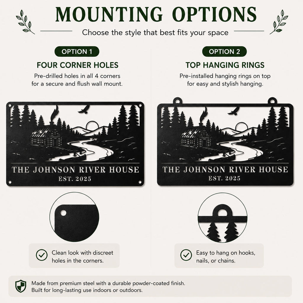 Comparison chart showing different mounting hole positions available for a custom metal river house sign.