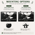 Comparison chart showing different mounting hole positions available for a custom metal river house sign.