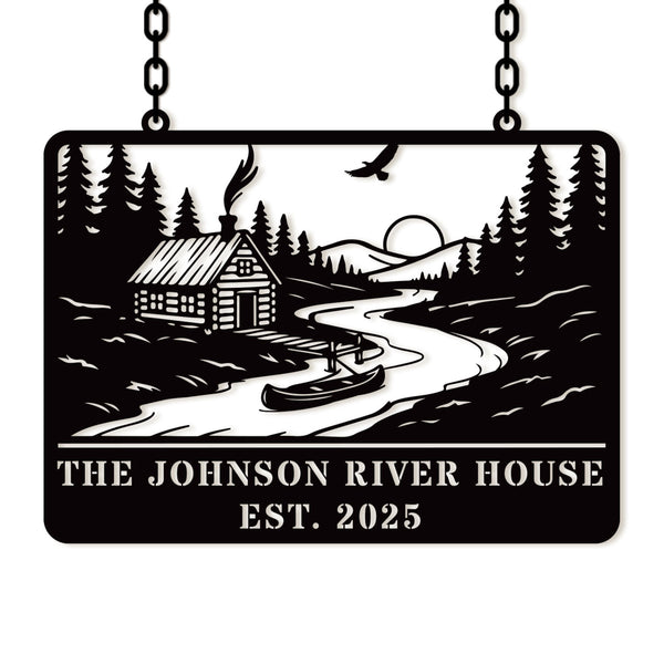 Custom river house metal sign with cabin, canoe, and forest design, personalized text, laser-cut steel, powder-coated rustic outdoor décor.