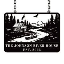 Custom river house metal sign with cabin, canoe, and forest design, personalized text, laser-cut steel, powder-coated rustic outdoor décor.