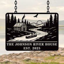 Custom river house metal sign with cabin, canoe, and forest design, personalized text, laser-cut steel, powder-coated rustic outdoor décor.