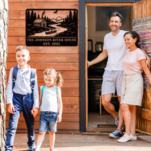 Custom river house metal sign with cabin, canoe, and forest design, personalized text, laser-cut steel, powder-coated rustic outdoor décor.