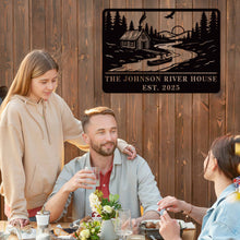 Custom river house metal sign with cabin, canoe, and forest design, personalized text, laser-cut steel, powder-coated rustic outdoor décor.