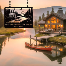 Custom river house metal sign with cabin, canoe, and forest design, personalized text, laser-cut steel, powder-coated rustic outdoor décor.