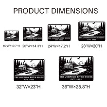 Custom river house metal sign with cabin, canoe, and forest design, personalized text, laser-cut steel, powder-coated rustic outdoor décor.