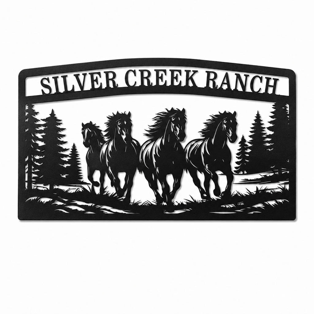 Custom horse ranch metal sign with running horses and personalized ranch name