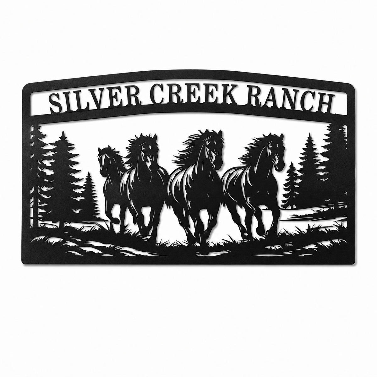 Custom horse ranch metal sign with running horses and personalized ranch name