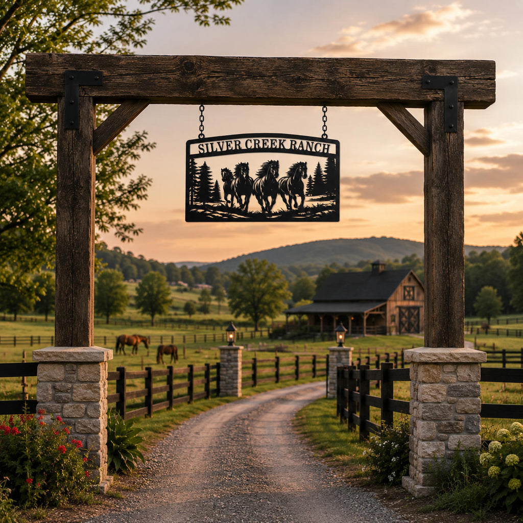 Personalized horse ranch metal sign hanging at rustic farm entrance with custom ranch name