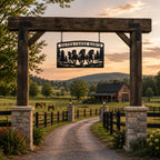 Personalized horse ranch metal sign hanging at rustic farm entrance with custom ranch name