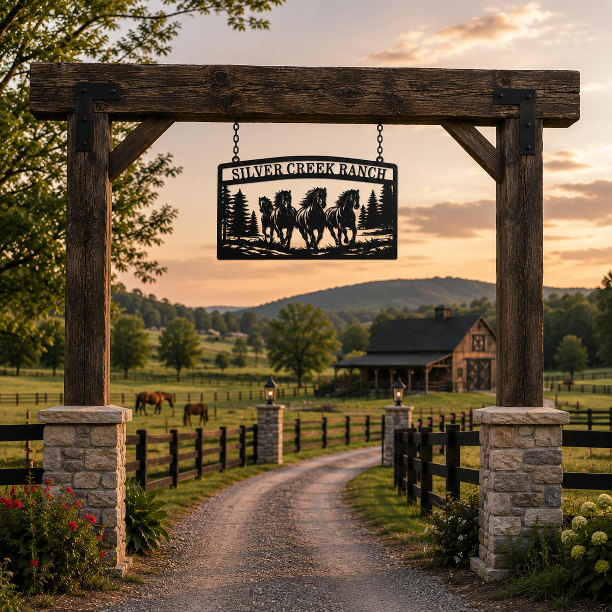 Personalized horse ranch metal sign hanging at rustic farm entrance with custom ranch name