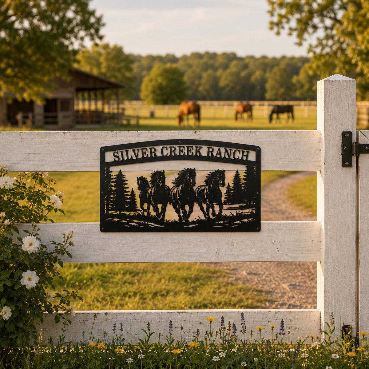 Western ranch metal wall sign featuring galloping horses and personalized farm name