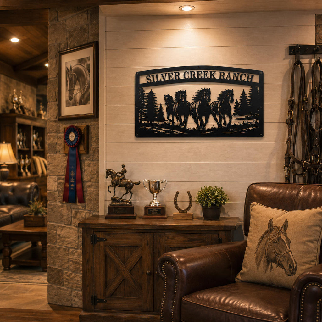 Personalized horse stable sign displayed in elegant equestrian club interior