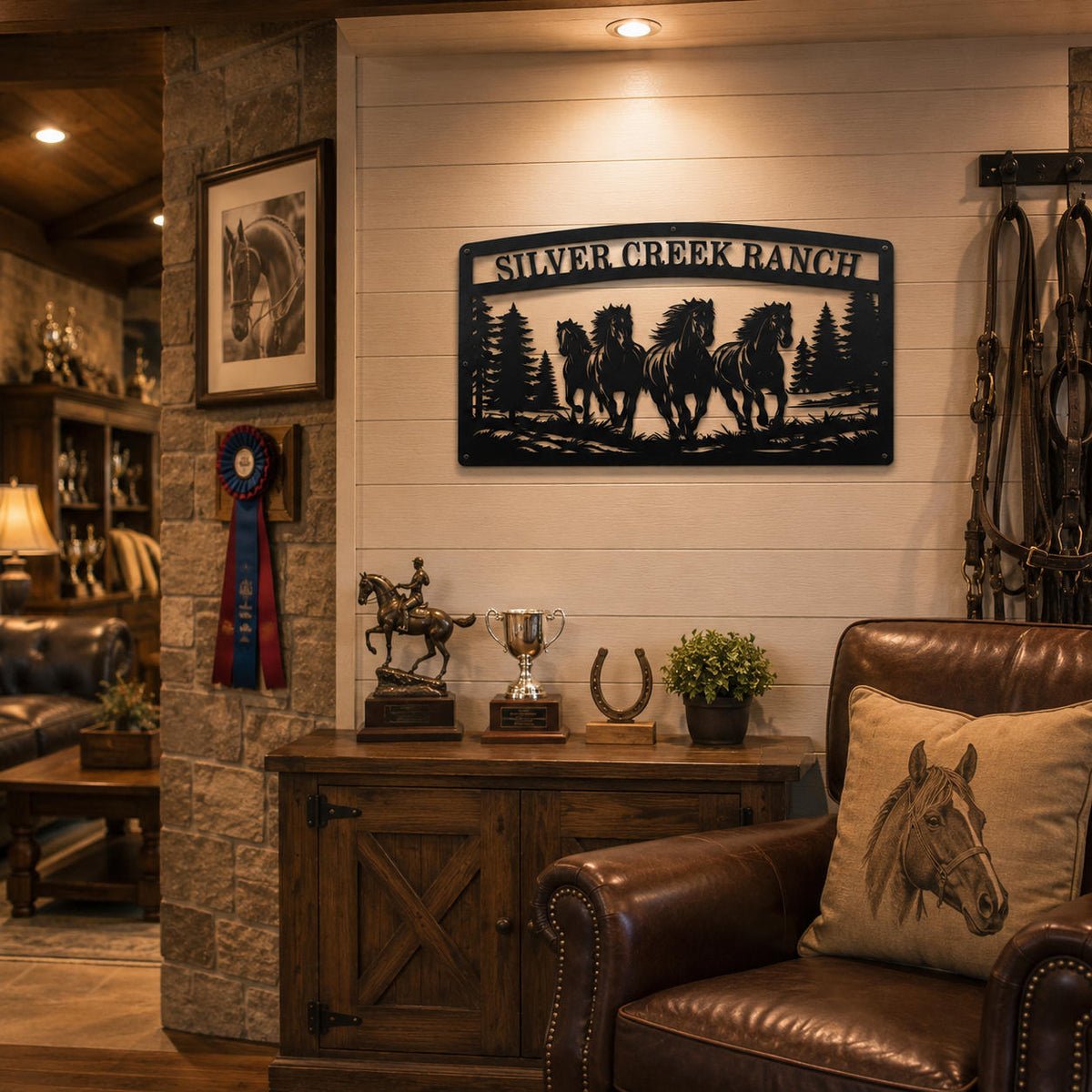 Personalized horse stable sign displayed in elegant equestrian club interior