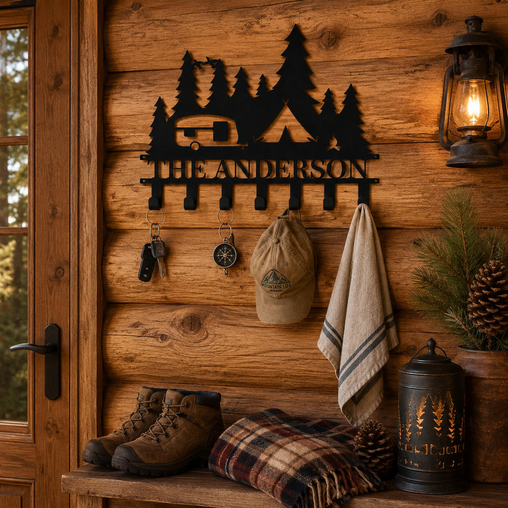 Custom RV camping key holder displayed on a rustic cabin wall with keys, a cap, and a lightweight towel.