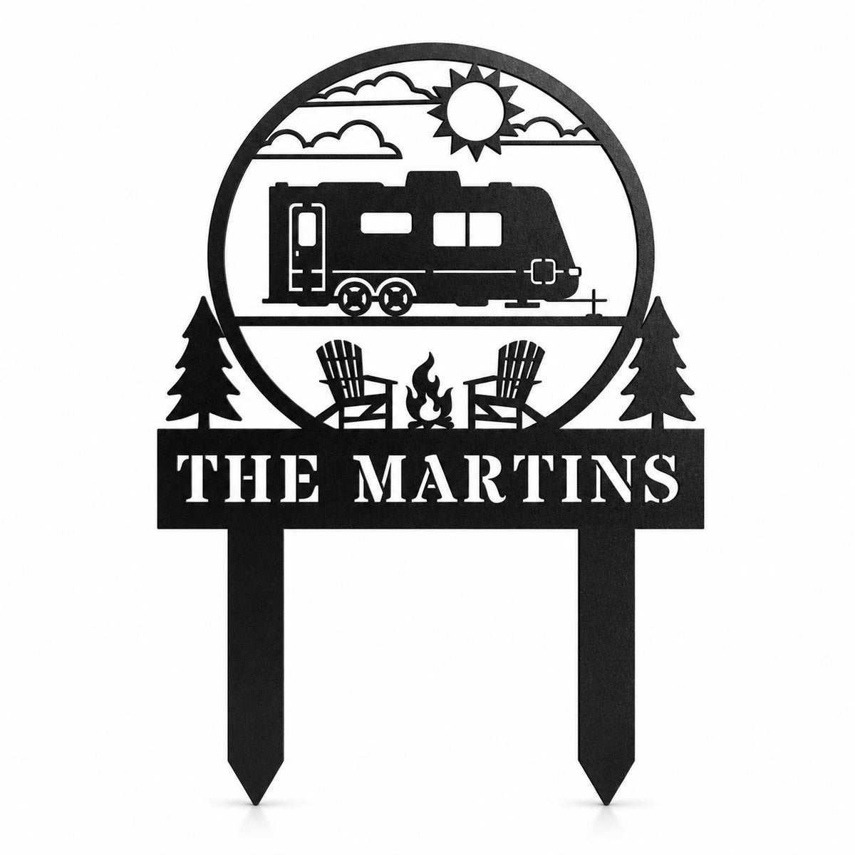 Personalized RV camping metal yard sign with custom family name and stake mount on white background Main image