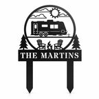 Personalized RV camping metal yard sign with custom family name and stake mount on white background