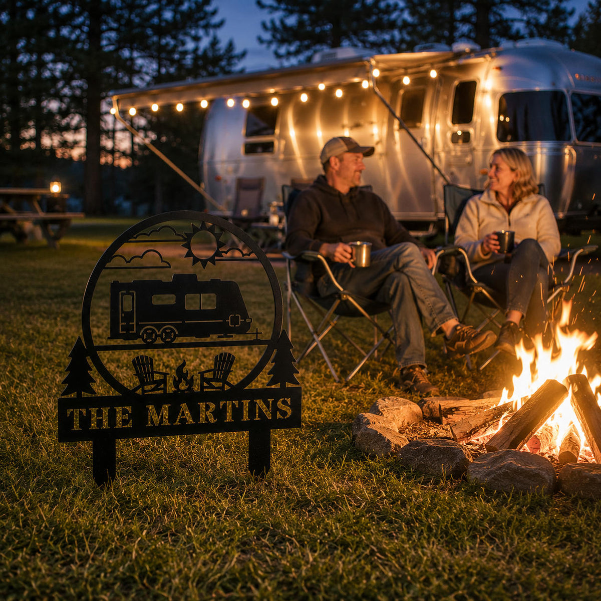 Personalized RV campsite metal sign displayed beside a campfire with family enjoying outdoor camping