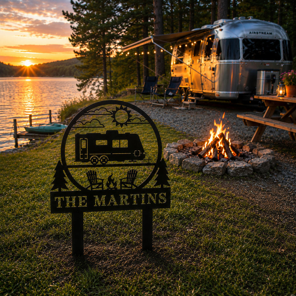 Personalized RV camping yard sign displayed near a lakeside camper site during sunset
