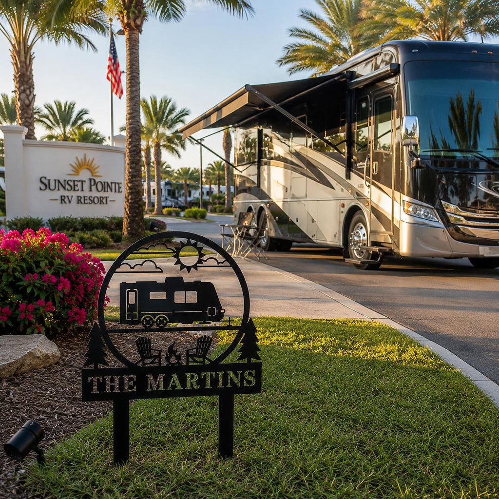 Custom family RV campsite sign installed next to a luxury RV parking site with landscaped lawn