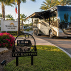 Custom family RV campsite sign installed next to a luxury RV parking site with landscaped lawn