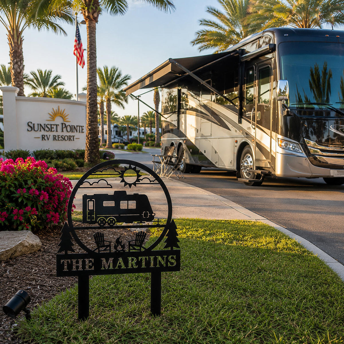 Custom family RV campsite sign installed next to a luxury RV parking site with landscaped lawn