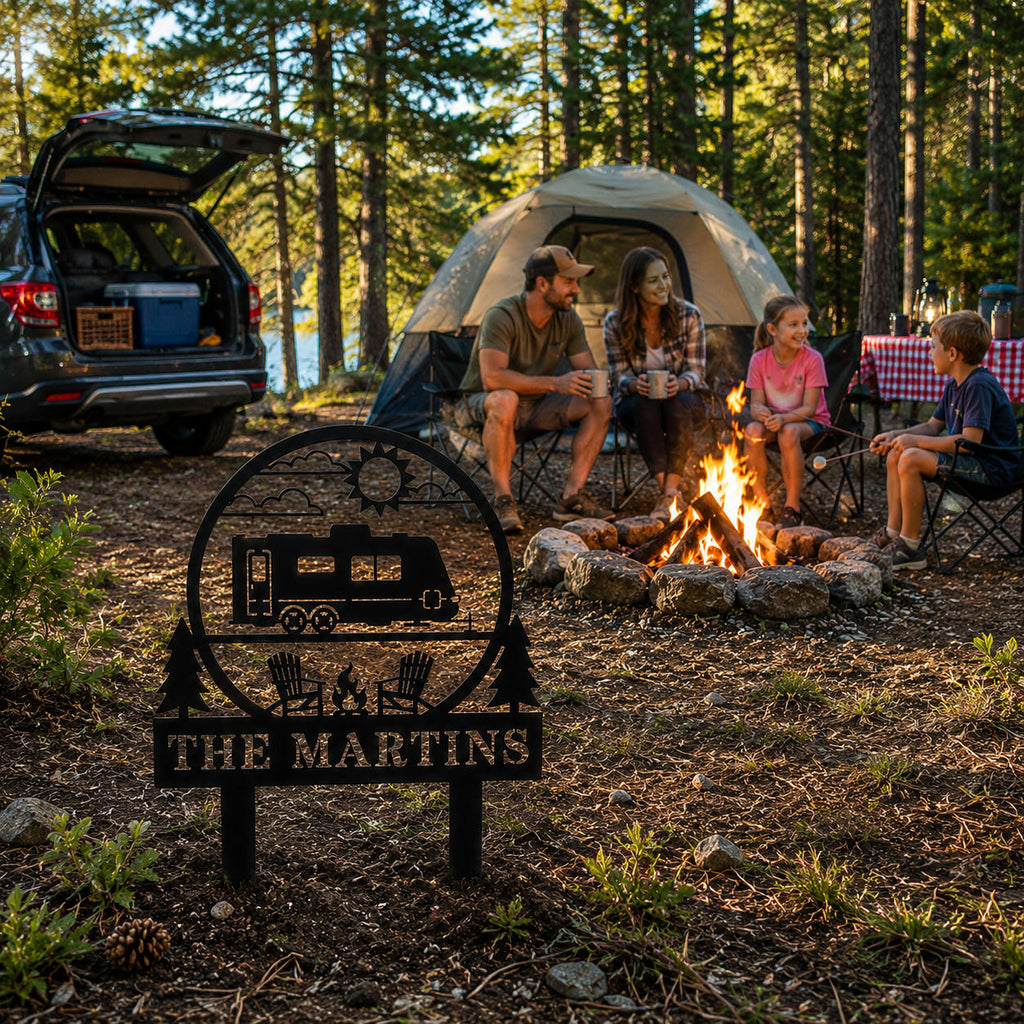 Custom metal RV campsite sign with family name at a campsite entrance with camper and outdoor activities