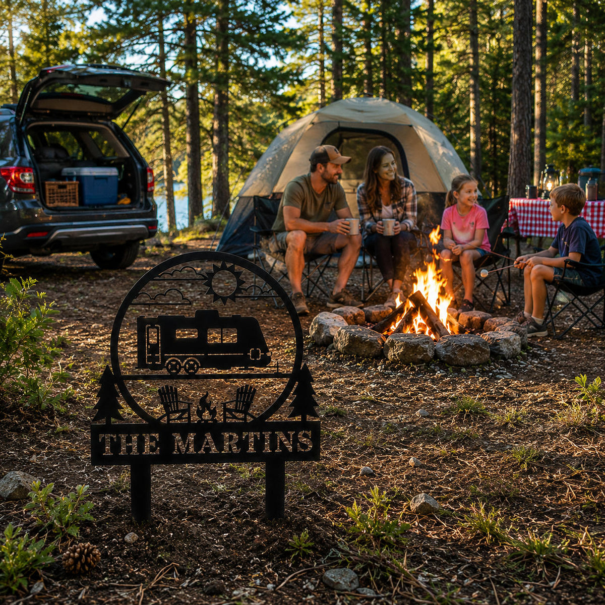 Custom metal RV campsite sign with family name at a campsite entrance with camper and outdoor activities