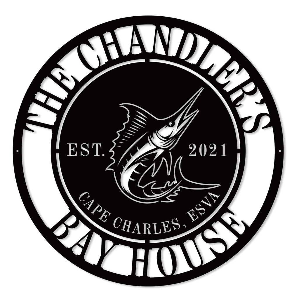 Custom Sailfish Metal Sign with personalized text, laser-cut steel coastal wall art for beach house or nautical home décor