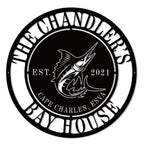 Custom Sailfish Metal Sign with personalized text, laser-cut steel coastal wall art for beach house or nautical home décor