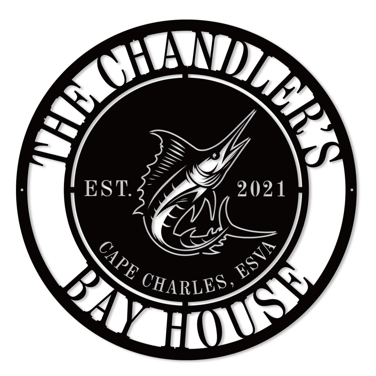 Custom Sailfish Metal Sign with personalized text, laser-cut steel coastal wall art for beach house or nautical home décor