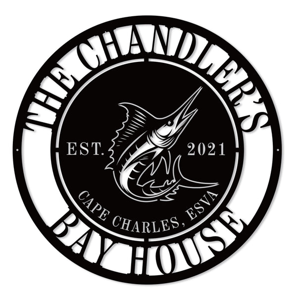 Custom Sailfish Metal Sign with personalized text, laser-cut steel coastal wall art for beach house or nautical home décor