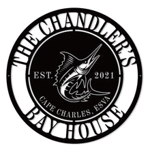 Custom Sailfish Metal Sign with personalized text, laser-cut steel coastal wall art for beach house or nautical home décor