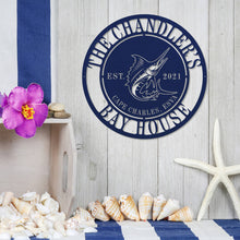 Custom Sailfish Metal Sign with personalized text, laser-cut steel coastal wall art for beach house or nautical home décor