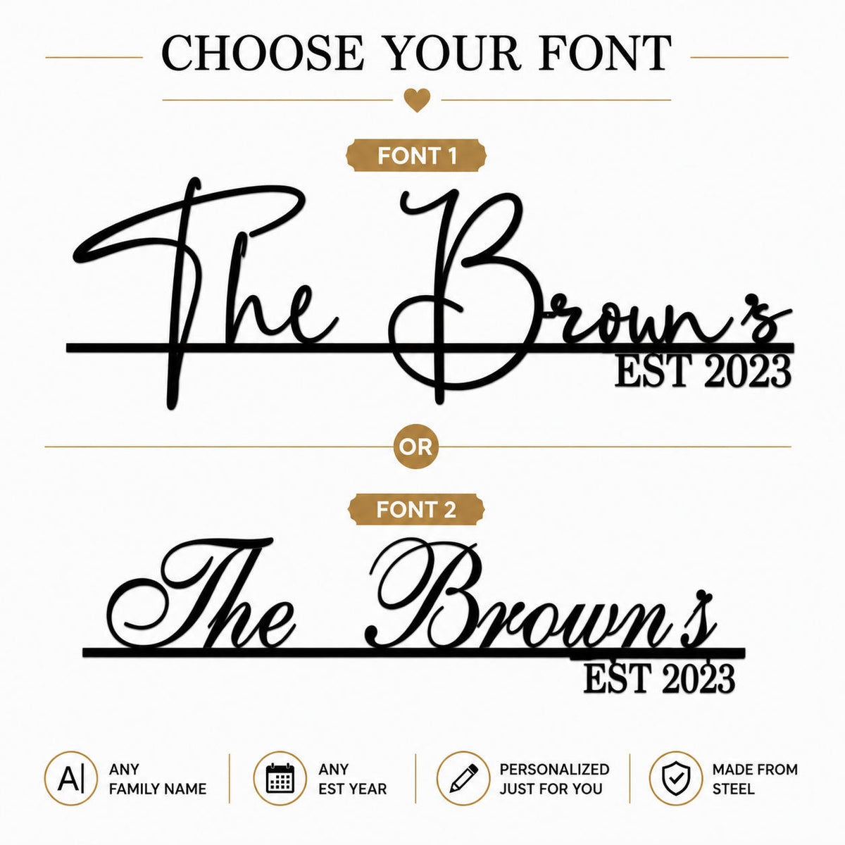 Custom Family Name Metal Sign Font Options Comparison Font 1 and Font 2 Personalized Sign