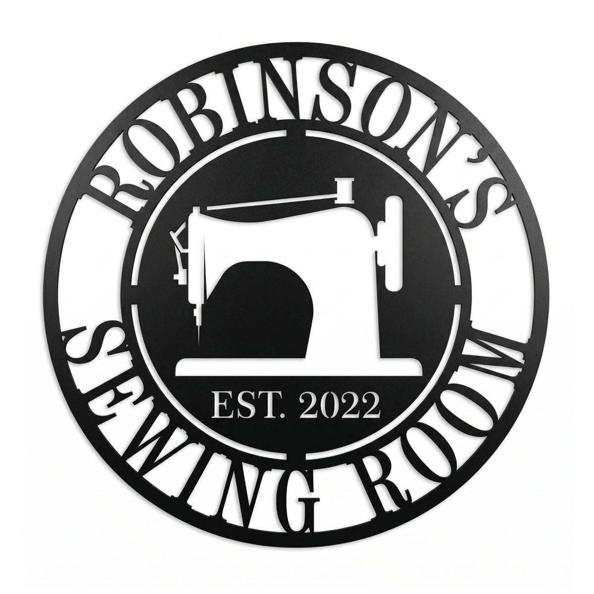 Round personalized sewing room metal sign with a vintage sewing machine silhouette and custom family name. Main image