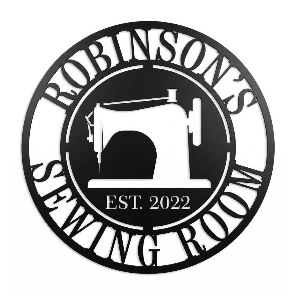 Round personalized sewing room metal sign with a vintage sewing machine silhouette and custom family name.