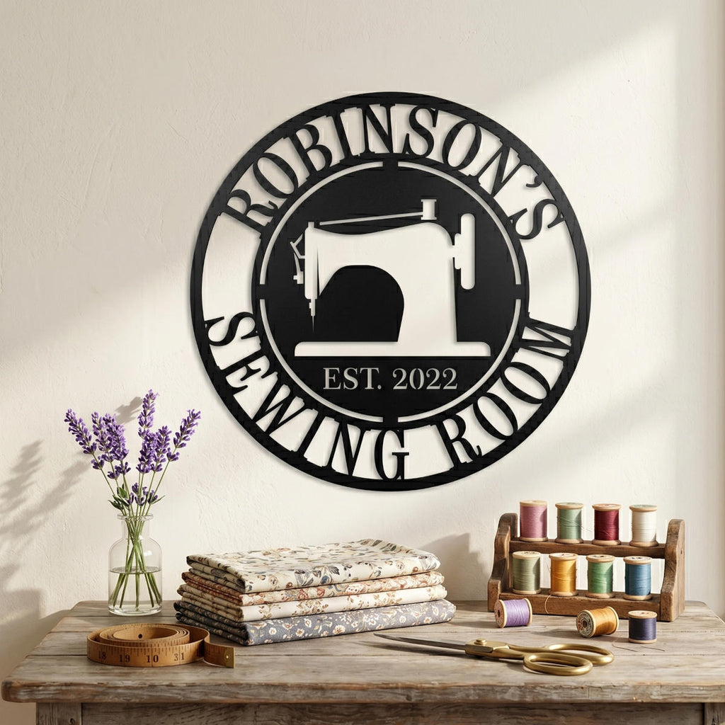 Round personalized sewing room metal sign with a vintage sewing machine silhouette and custom family name.
