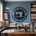Round personalized sewing room metal sign with a vintage sewing machine silhouette and custom family name.
