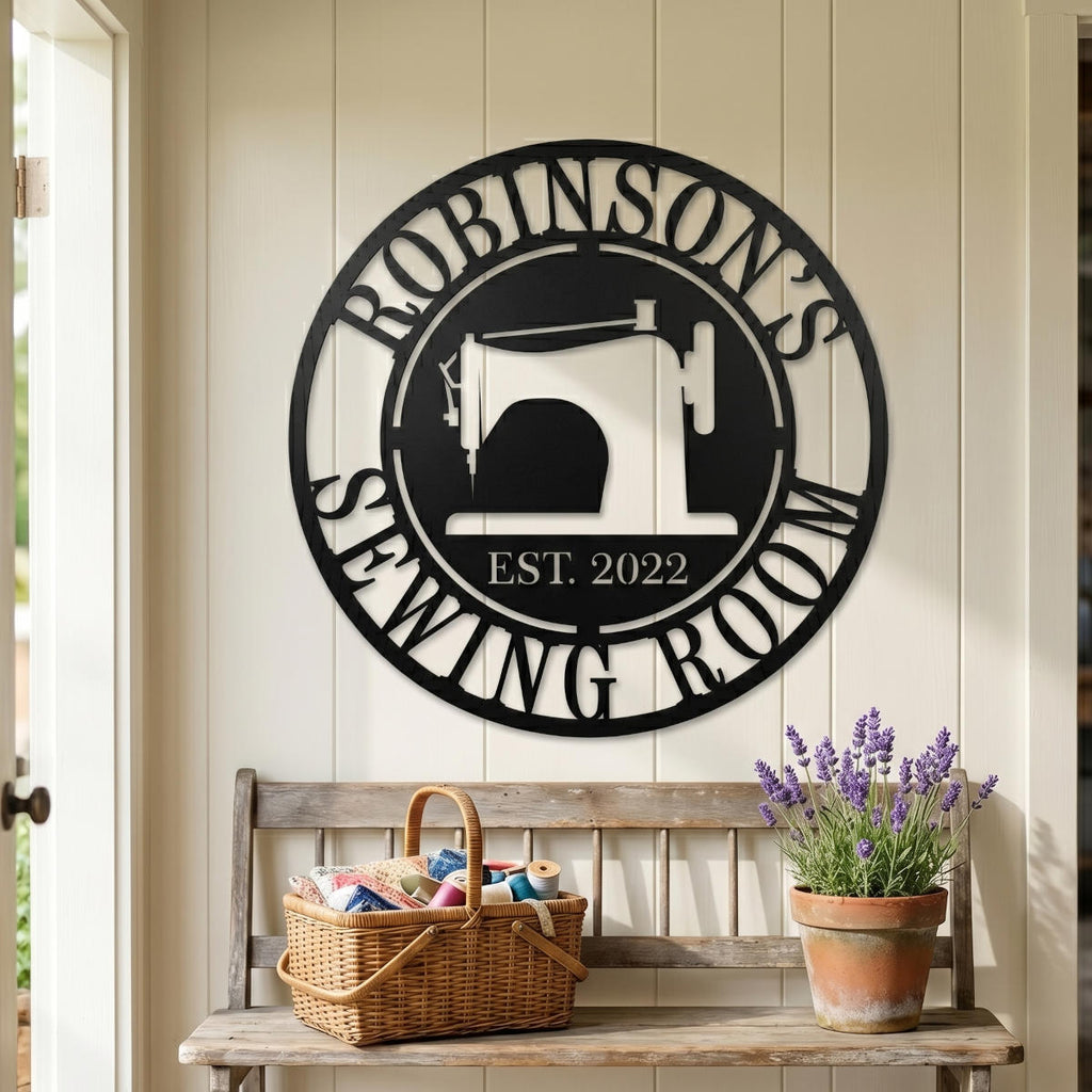 Round personalized sewing room metal sign with a vintage sewing machine silhouette and custom family name.