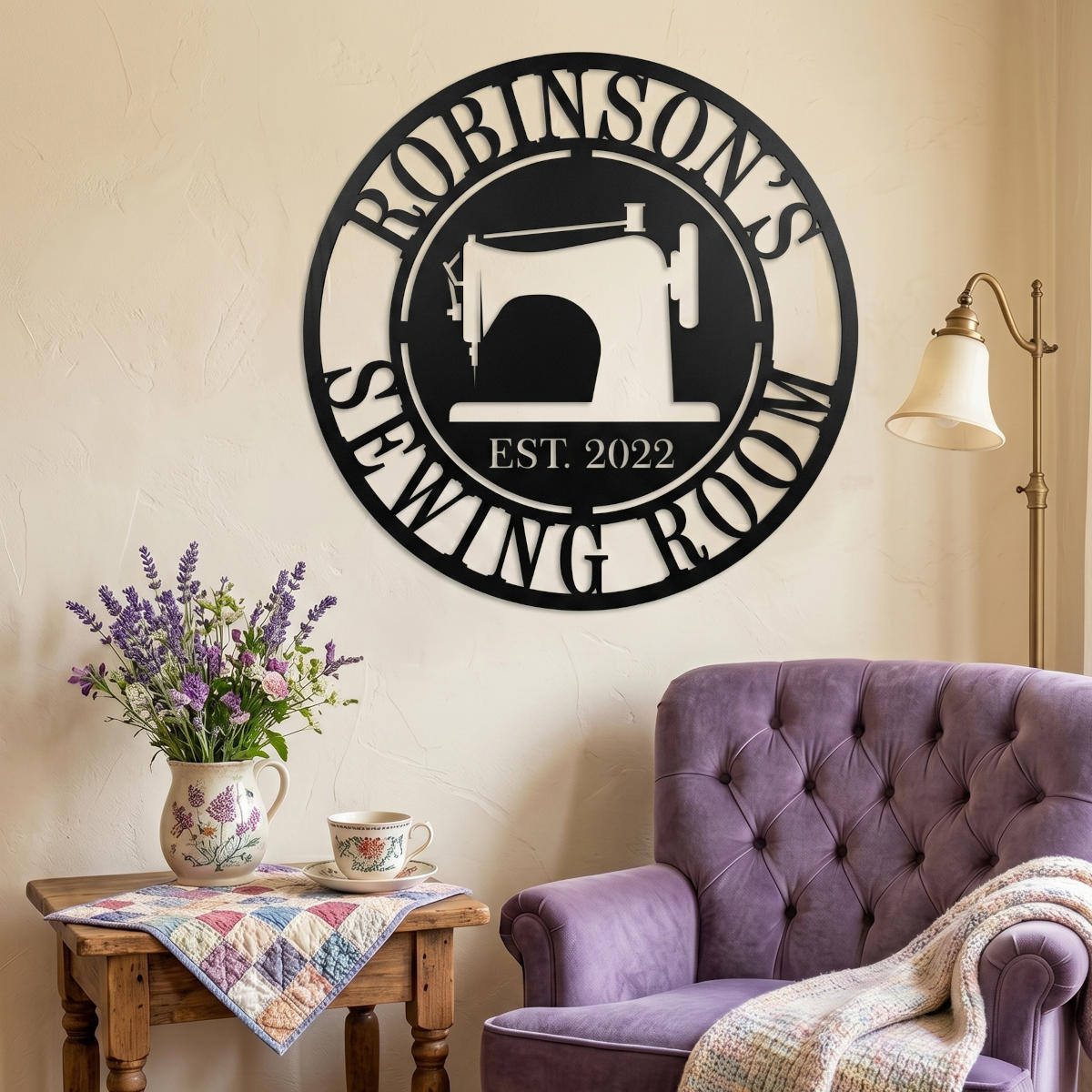 Round personalized sewing room metal sign with a vintage sewing machine silhouette and custom family name.