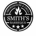 Custom round metal Smokehouse & Grill sign with personalized Smith's Barbeque design on white background.