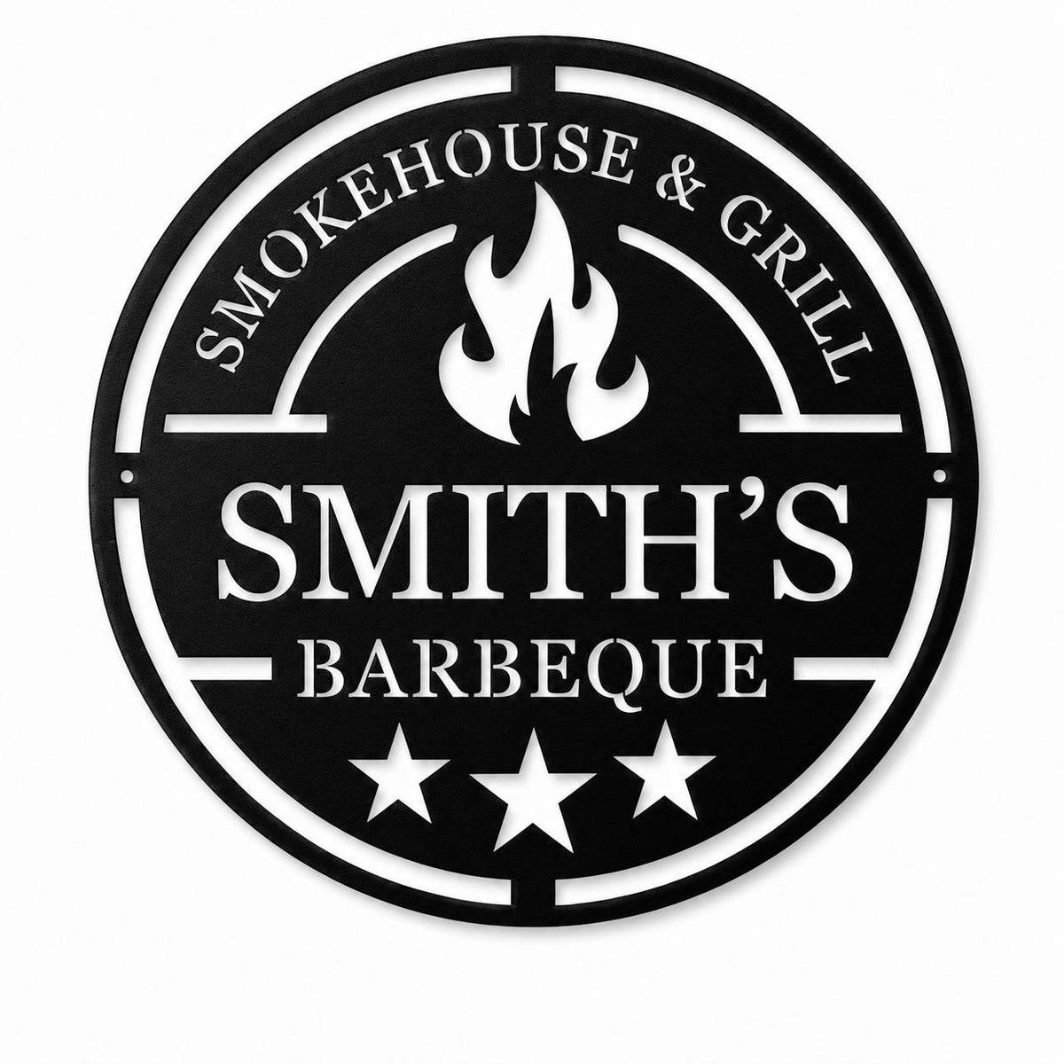Custom round metal Smokehouse & Grill sign with personalized Smith's Barbeque design on white background.