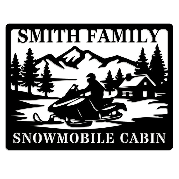 custom snowmobile cabin metal sign with mountain trees and cabin personalized family name snowmobile wall decor