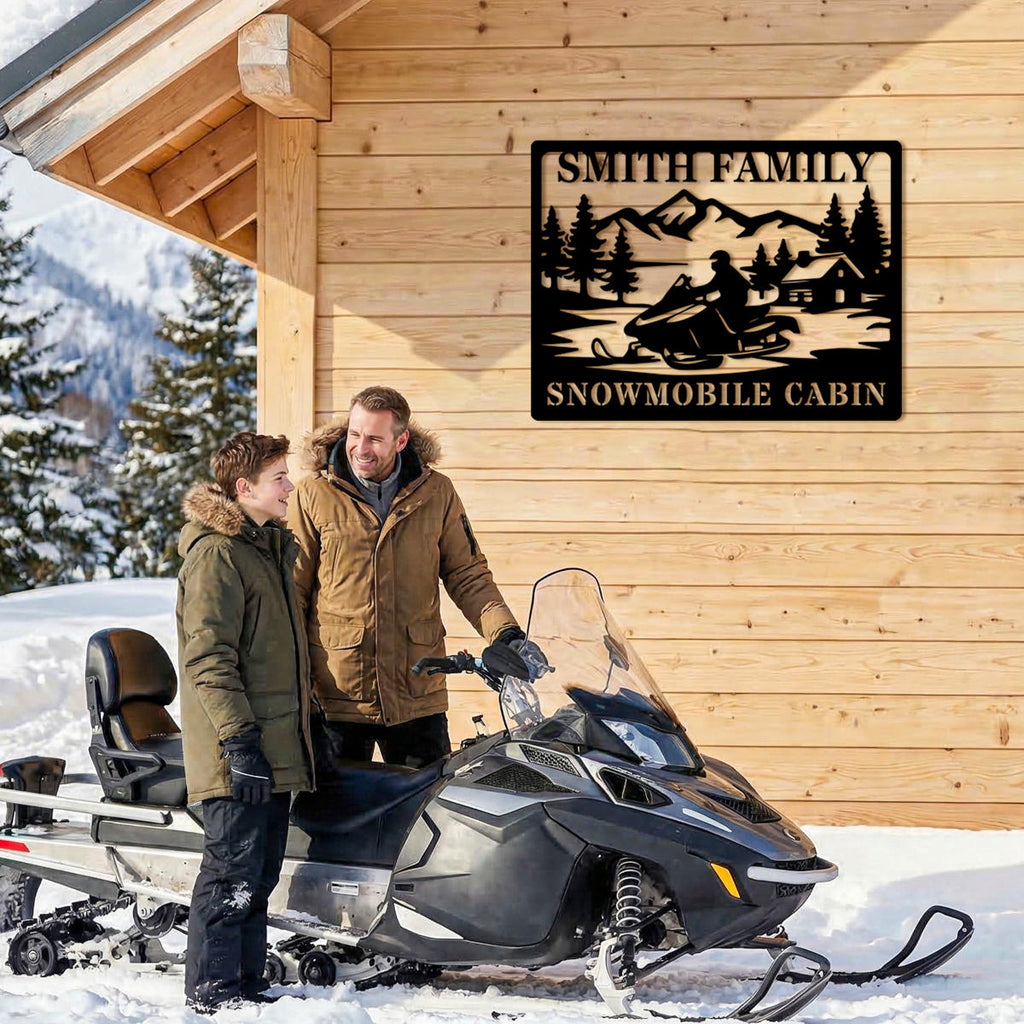 custom snowmobile cabin metal sign with mountain trees and cabin personalized family name snowmobile wall decor