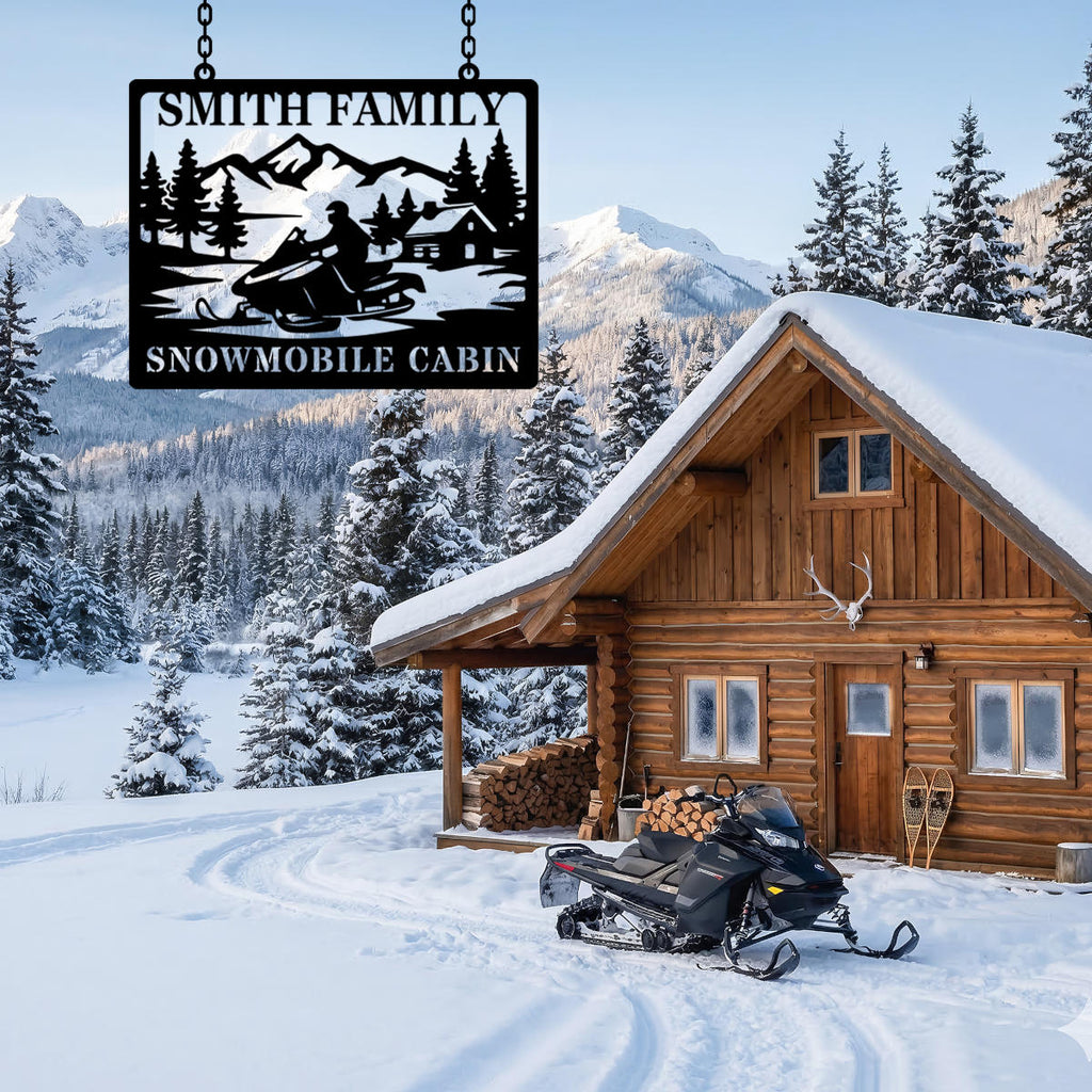 custom snowmobile cabin metal sign with mountain trees and cabin personalized family name snowmobile wall decor