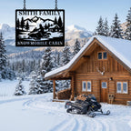custom snowmobile cabin metal sign with mountain trees and cabin personalized family name snowmobile wall decor
